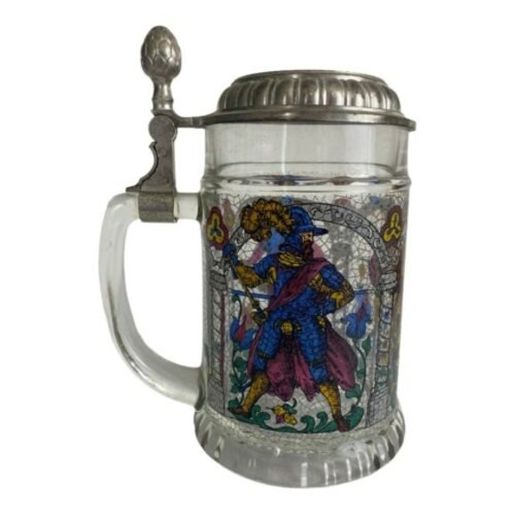 Vintage German BMF Glass Beer Stein Pewter Lid Stained Glass Crackle Pattern - Picture 3 of 8